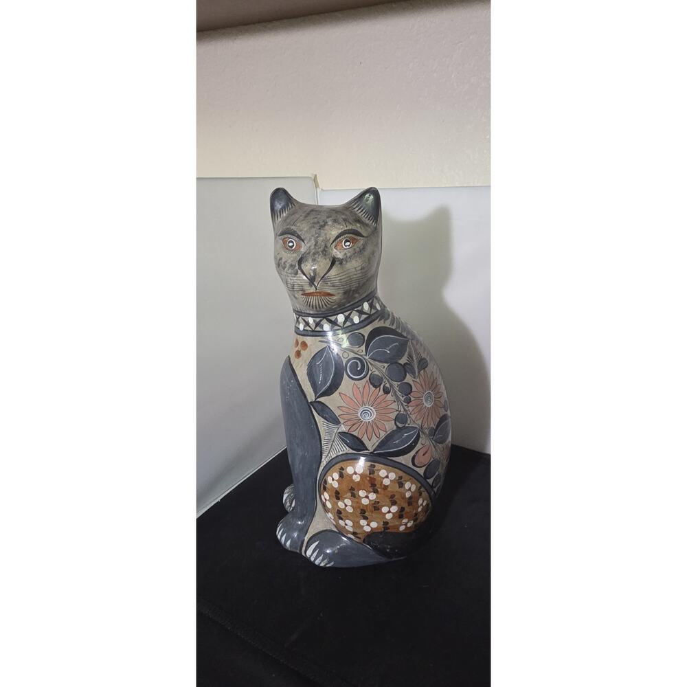 Tonala Mexico Pottery 15" Large Cat Hand Painted Clay Folk Art Standing